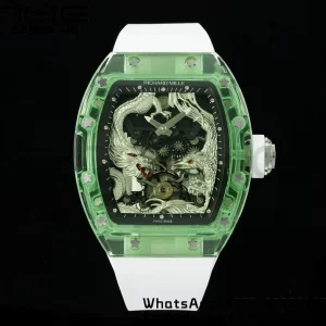 RICHARD MILLERM RM57 Green Transparent Tourbillon RMF Best Edition Silver Dragon Eagle Dial on White Rubber Strap - Super Clone Watch | 1:1 Best Version