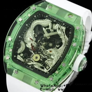 RICHARD MILLERM RM57 グリーン・トランスペアレント・トゥールビヨン RMF ベスト・エディション シルバー・ドラゴン・イーグル・ダイアル ホワイト・ラバー・ストラップ - スーパークローン・ウォッチ｜1:1 ベスト・バージョン
