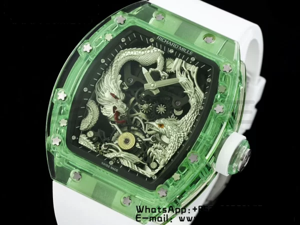 RICHARD MILLERM RM57 グリーン・トランスペアレント・トゥールビヨン RMF ベスト・エディション シルバー・ドラゴン・イーグル・ダイアル ホワイト・ラバー・ストラップ - スーパークローン・ウォッチ｜1:1 ベスト・バージョン