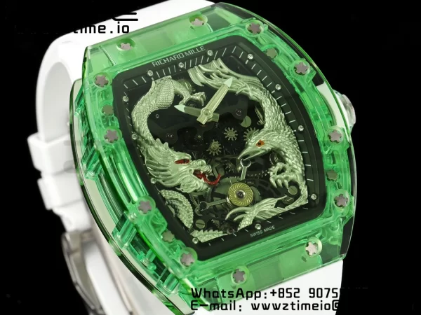 RICHARD MILLERM RM57 グリーン・トランスペアレント・トゥールビヨン RMF ベスト・エディション シルバー・ドラゴン・イーグル・ダイアル ホワイト・ラバー・ストラップ - スーパークローン・ウォッチ｜1:1 ベスト・バージョン