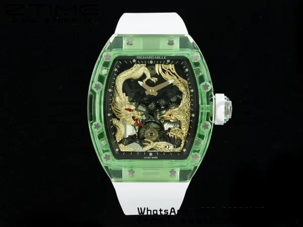 RICHARD MILLERM RM57 Green Transparent Tourbillon RMF Best Edition Gold Dragon Eagle Dial on White Rubber Strap - スーパークローンウォッチ｜1:1ベストバージョン