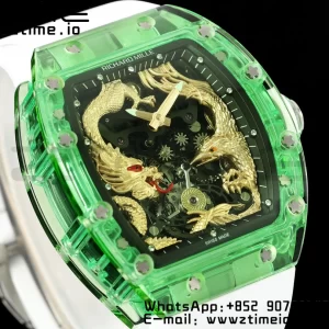 RICHARD MILLERM RM57 Green Transparent Tourbillon RMF Best Edition Gold Dragon Eagle Dial on White Rubber Strap - スーパークローンウォッチ｜1:1ベストバージョン