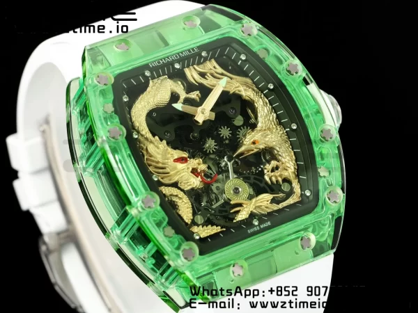 RICHARD MILLERM RM57 Green Transparent Tourbillon RMF Best Edition Gold Dragon Eagle Dial on White Rubber Strap - スーパークローンウォッチ｜1:1ベストバージョン