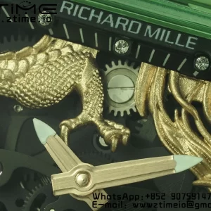 RICHARD MILLERM RM57 Green Transparent Tourbillon RMF Best Edition Gold Dragon Eagle Dial on White Rubber Strap - スーパークローンウォッチ｜1:1ベストバージョン