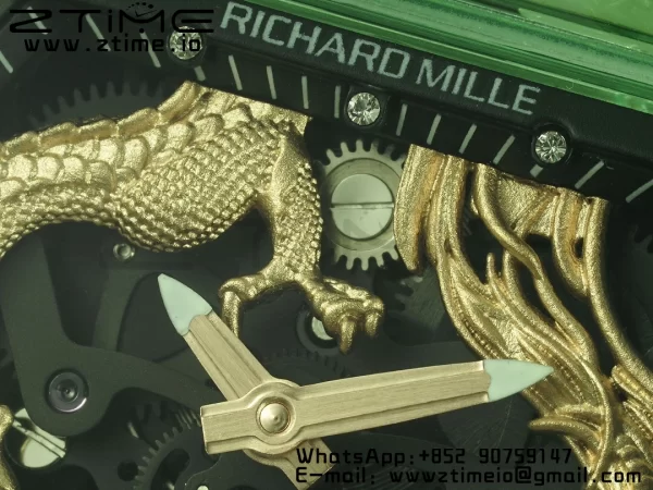 RICHARD MILLERM RM57 Green Transparent Tourbillon RMF Best Edition Gold Dragon Eagle Dial on White Rubber Strap - スーパークローンウォッチ｜1:1ベストバージョン