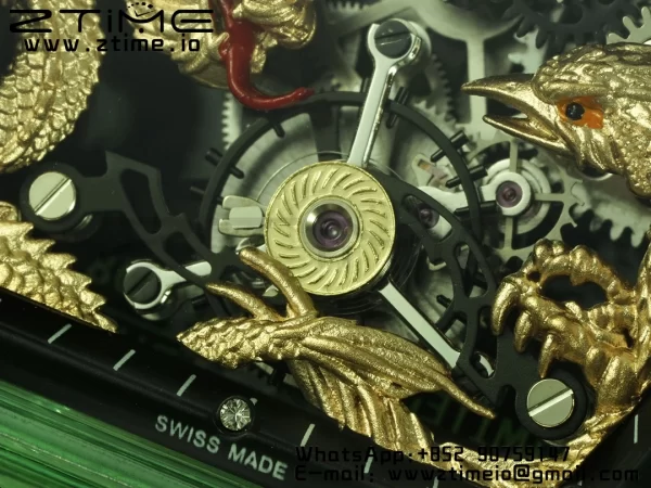 RICHARD MILLERM RM57 Green Transparent Tourbillon RMF Best Edition Gold Dragon Eagle Dial on White Rubber Strap - スーパークローンウォッチ｜1:1ベストバージョン