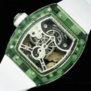 RICHARD MILLERM RM57 Green Transparent Tourbillon RMF Best Edition Gold Dragon Eagle Dial on White Rubber Strap - スーパークローンウォッチ｜1:1ベストバージョン