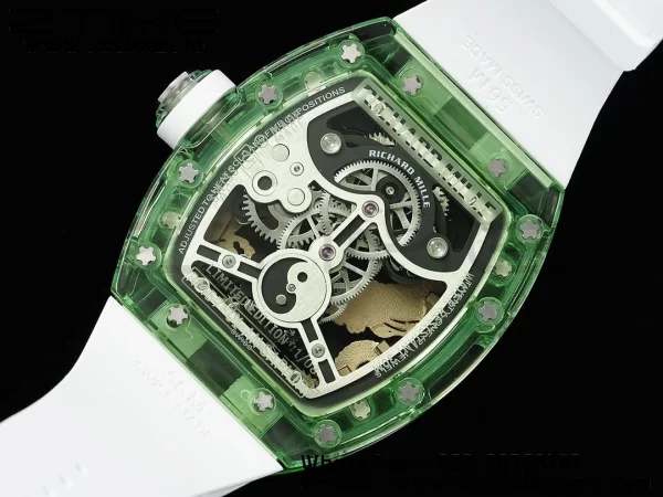 RICHARD MILLERM RM57 Green Transparent Tourbillon RMF Best Edition Gold Dragon Eagle Dial on White Rubber Strap - スーパークローンウォッチ｜1:1ベストバージョン