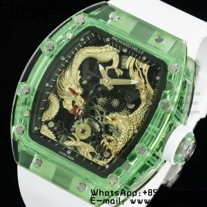 RICHARD MILLERM RM57 Green Transparent Tourbillon RMF Best Edition Gold Dragon Eagle Dial on White Rubber Strap - スーパークローンウォッチ｜1:1ベストバージョン