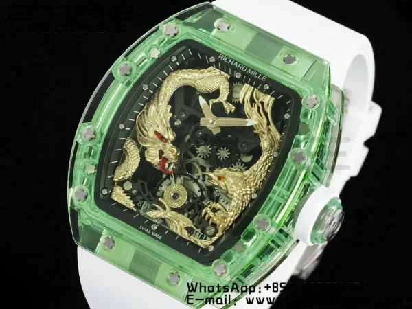 RICHARD MILLERM RM57 Green Transparent Tourbillon RMF Best Edition Gold Dragon Eagle Dial on White Rubber Strap - スーパークローンウォッチ｜1:1ベストバージョン