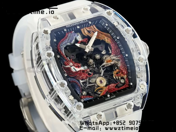 RICHARD MILLERM RM57 Transparent Tourbillon RMF Best Edition Red Dragon Eagle Dial on Transparent Rubber Strap - Super Clone Watch | 1:1 Best Version