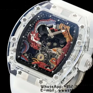 RICHARD MILLERM RM57 Transparent Tourbillon RMF Best Edition Red Dragon Eagle Dial on Transparent Rubber Strap - Super Clone Watch | 1:1 Best Version