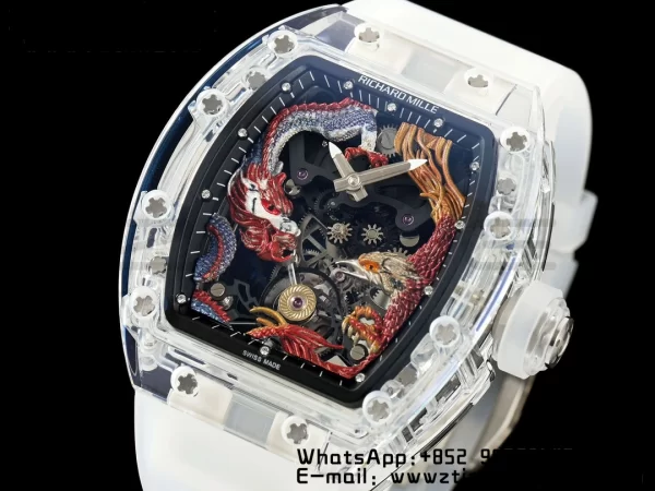 RICHARD MILLERM RM57 Transparent Tourbillon RMF Best Edition Red Dragon Eagle Dial on Transparent Rubber Strap - Super Clone Watch | 1:1 Best Version