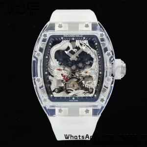 RICHARD MILLERM RM57 Transparent Tourbillon RMF Best Edition Silver Dragon Eagle Dial on Transparent Rubber Strap - Super Clone Watch | 1:1 Best Version