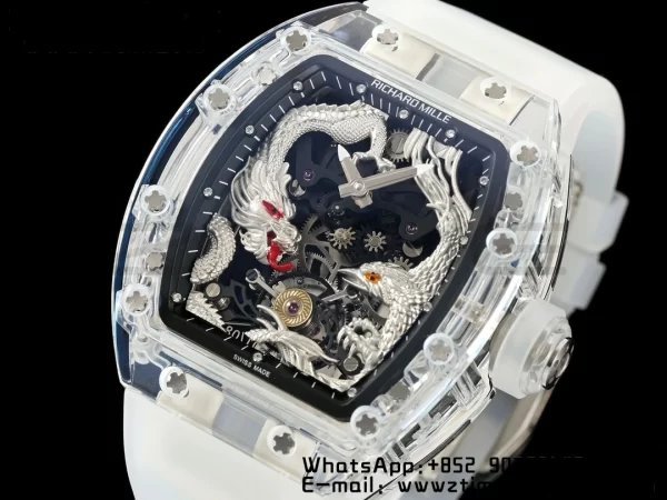 RICHARD MILLERM RM57 Transparent Tourbillon RMF Best Edition Silver Dragon Eagle Dial on Transparent Rubber Strap - Super Clone Watch | 1:1 Best Version