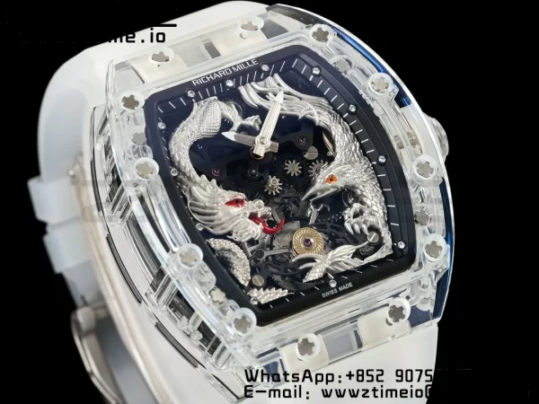 RICHARD MILLERM RM57 Transparent Tourbillon RMF Best Edition Silver Dragon Eagle Dial on Transparent Rubber Strap - Super Clone Watch | 1:1 Best Version