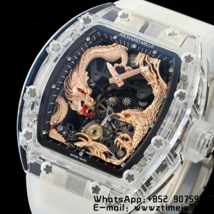 RICHARD MILLERM RM57 Transparent Tourbillon RMF Best Edition Gold Dragon Eagle Dial on Transparent Rubber Strap - Super Clone Watch | 1:1 Best Version