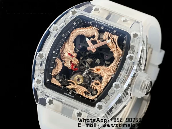 RICHARD MILLERM RM57 Transparent Tourbillon RMF Best Edition Gold Dragon Eagle Dial on Transparent Rubber Strap - Super Clone Watch | 1:1 Best Version