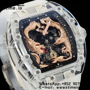 RICHARD MILLERM RM57 Transparent Tourbillon RMF Best Edition Gold Dragon Eagle Dial on Transparent Rubber Strap - Super Clone Watch | 1:1 Best Version