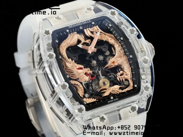 RICHARD MILLERM RM57 Transparent Tourbillon RMF Best Edition Gold Dragon Eagle Dial on Transparent Rubber Strap - Super Clone Watch | 1:1 Best Version