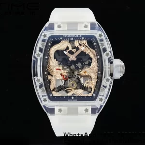 RICHARD MILLERM RM57 Transparent Tourbillon RMF Best Edition Gold Dragon Eagle Dial on Transparent Rubber Strap - Super Clone Watch | 1:1 Best Version