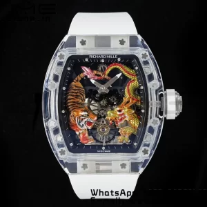 RICHARD MILLERM RM51 Transparent Tourbillon RMF Best Edition Tiger/Dragon Dial on White Rubber Strap - Super Clone Watch | 1:1 Best Version