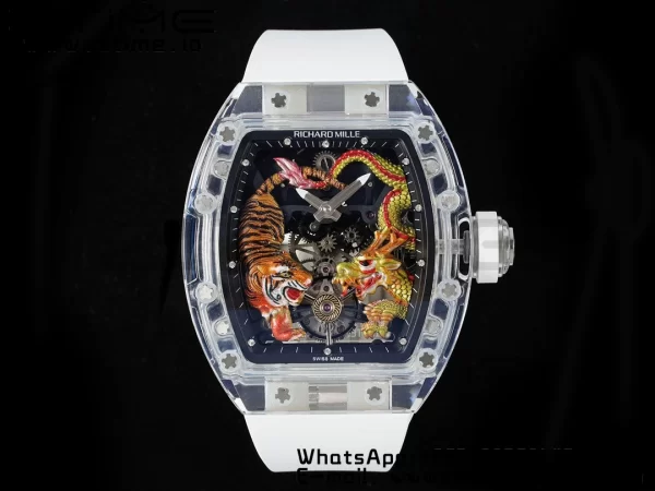 RICHARD MILLERM RM51 Transparent Tourbillon RMF Best Edition タイガー/ドラゴン文字盤 ホワイトラバーストラップ - スーパークローンウォッチ｜1:1ベストバージョン