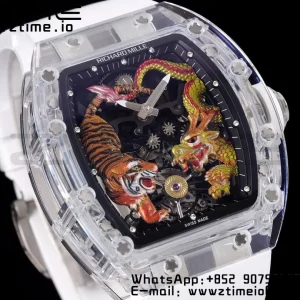 RICHARD MILLERM RM51 Transparent Tourbillon RMF Best Edition タイガー/ドラゴン文字盤 ホワイトラバーストラップ - スーパークローンウォッチ｜1:1ベストバージョン