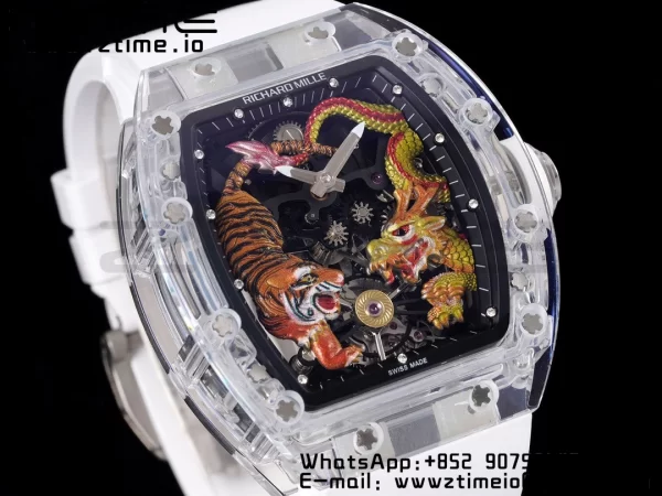 RICHARD MILLERM RM51 Transparent Tourbillon RMF Best Edition タイガー/ドラゴン文字盤 ホワイトラバーストラップ - スーパークローンウォッチ｜1:1ベストバージョン