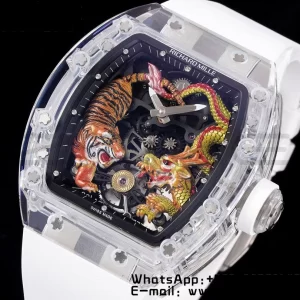 RICHARD MILLERM RM51 Transparent Tourbillon RMF Best Edition タイガー/ドラゴン文字盤 ホワイトラバーストラップ - スーパークローンウォッチ｜1:1ベストバージョン