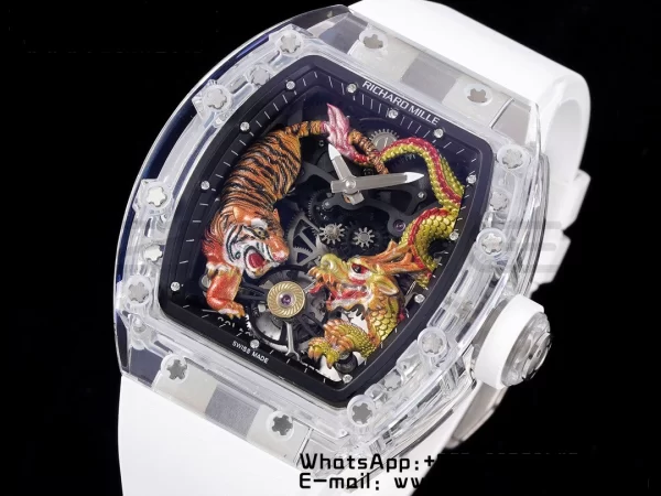 RICHARD MILLERM RM51 Transparent Tourbillon RMF Best Edition タイガー/ドラゴン文字盤 ホワイトラバーストラップ - スーパークローンウォッチ｜1:1ベストバージョン