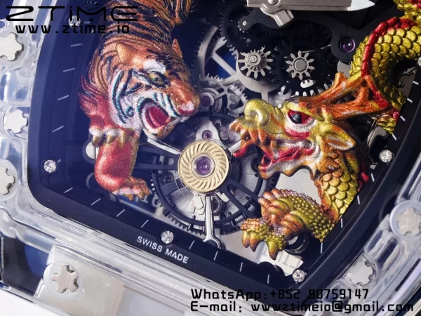RICHARD MILLERM RM51 Transparent Tourbillon RMF Best Edition タイガー/ドラゴン文字盤 ホワイトラバーストラップ - スーパークローンウォッチ｜1:1ベストバージョン