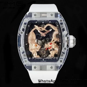 RICHARD MILLERM RM51 Transparent Tourbillon RMF Best Edition RG Tiger/Dragon Dial on White Rubber Strap - Super Clone Watch | 1:1 Best Version