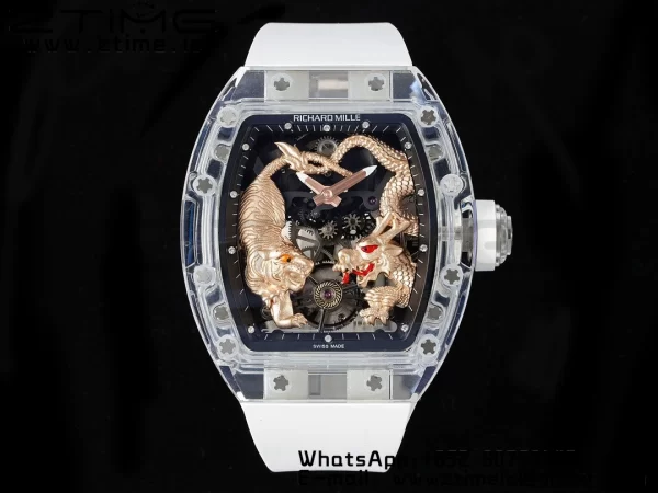 RICHARD MILLERM RM51 Transparent Tourbillon RMF ベストエディション RG タイガー/ドラゴンダイアル ホワイトラバーストラップ - スーパークローンウォッチ｜1:1 ベストバージョン
