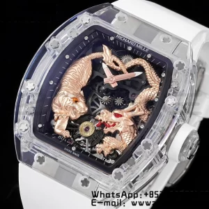 RICHARD MILLERM RM51 Transparent Tourbillon RMF ベストエディション RG タイガー/ドラゴンダイアル ホワイトラバーストラップ - スーパークローンウォッチ｜1:1 ベストバージョン