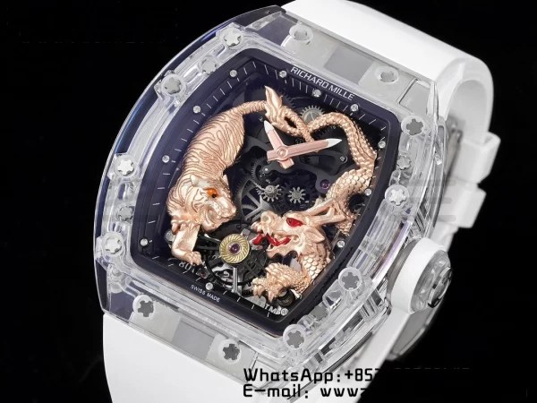 RICHARD MILLERM RM51 Transparent Tourbillon RMF ベストエディション RG タイガー/ドラゴンダイアル ホワイトラバーストラップ - スーパークローンウォッチ｜1:1 ベストバージョン