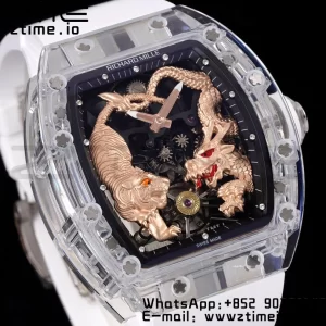 RICHARD MILLERM RM51 Transparent Tourbillon RMF ベストエディション RG タイガー/ドラゴンダイアル ホワイトラバーストラップ - スーパークローンウォッチ｜1:1 ベストバージョン