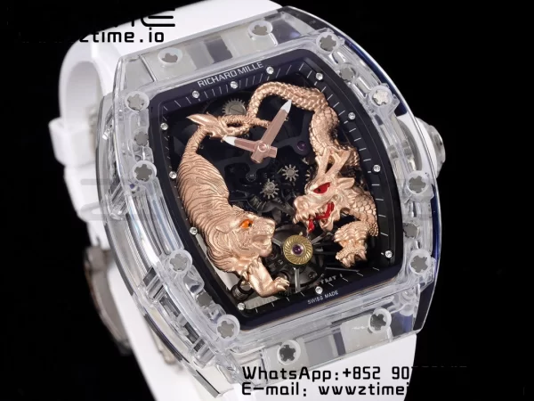 RICHARD MILLERM RM51 Transparent Tourbillon RMF ベストエディション RG タイガー/ドラゴンダイアル ホワイトラバーストラップ - スーパークローンウォッチ｜1:1 ベストバージョン
