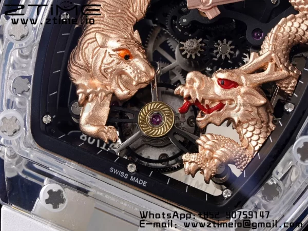 RICHARD MILLERM RM51 Transparent Tourbillon RMF ベストエディション RG タイガー/ドラゴンダイアル ホワイトラバーストラップ - スーパークローンウォッチ｜1:1 ベストバージョン