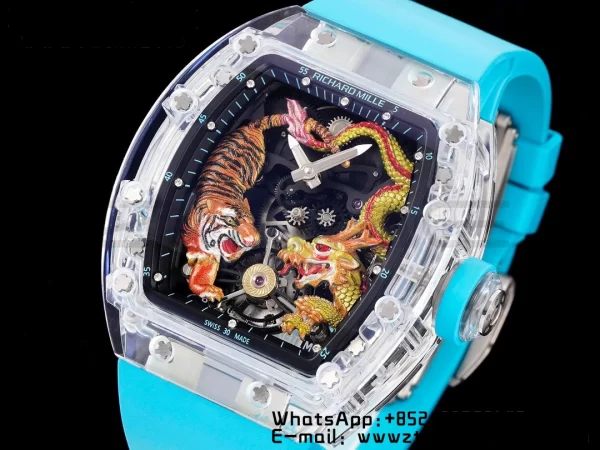 RICHARD MILLERM RM51 Transparent Tourbillon RMF Best Edition Tiger/Dragon Dial με μπλε λουράκι από καουτσούκ - Super Clone Watch | 1:1 Best Version