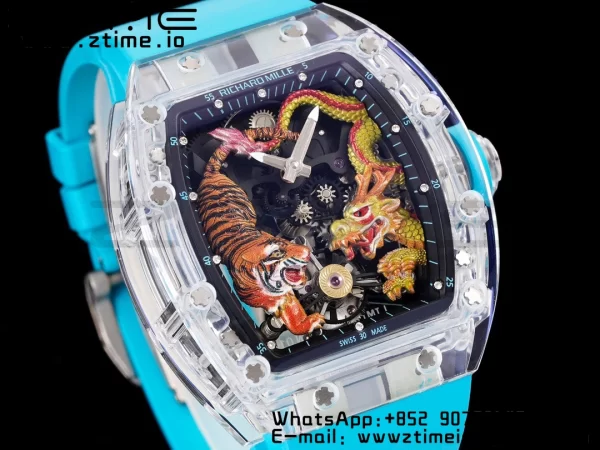 RICHARD MILLERM RM51 Transparent Tourbillon RMF Best Edition Tiger/Dragon Dial με μπλε λουράκι από καουτσούκ - Super Clone Watch | 1:1 Best Version