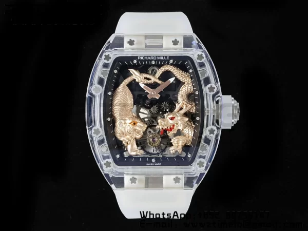 RICHARD MILLERM RM51 Transparent Tourbillon RMF Best Edition RG Tiger/Dragon Dial on Transparent Rubber Strap - Super Clone Watch | 1:1 Best Version