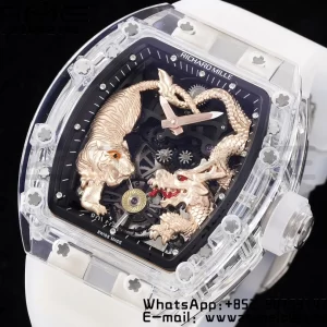 RICHARD MILLERM RM51 Transparent Tourbillon RMF Best Edition RG Tiger/Dragon Dial on Transparent Rubber Strap - Super Clone Watch | 1:1 Best Version