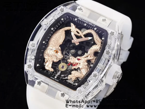 RICHARD MILLERM RM51 Transparent Tourbillon RMF Best Edition RG Tiger/Dragon Dial on Transparent Rubber Strap - Super Clone Watch | 1:1 Best Version