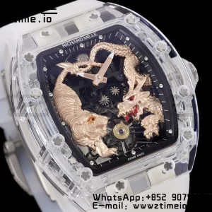 RICHARD MILLERM RM51 Transparent Tourbillon RMF Best Edition RG Tiger/Dragon Dial on Transparent Rubber Strap - Super Clone Watch | 1:1 Best Version