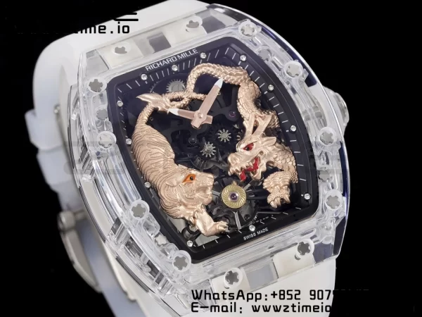 RICHARD MILLERM RM51 Transparent Tourbillon RMF Best Edition RG Tiger/Dragon Dial on Transparent Rubber Strap - Super Clone Watch | 1:1 Best Version