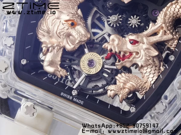 RICHARD MILLERM RM51 Transparent Tourbillon RMF Best Edition RG Tiger/Dragon Dial on Transparent Rubber Strap - Super Clone Watch | 1:1 Best Version