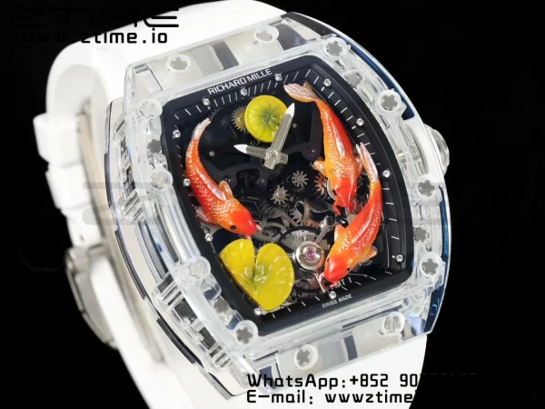 RICHARD MILLERM RMS10 Tourbillon Transparent RMF Best Edition Koi Fish Dial on White Rubber Strap - Super Clone Watch | 1:1 Best Version