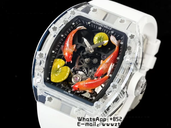 RICHARD MILLERM RMS10 Tourbillon Transparent RMF Best Edition Koi Fish Dial on White Rubber Strap - Super Clone Watch | 1:1 Best Version