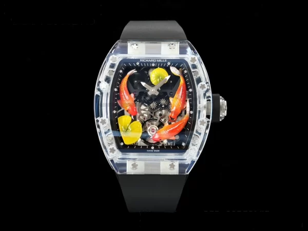 RICHARD MILLERM RMS10 Tourbillon Trasparente RMF Edizione Migliore Quadrante Pesce Koi su Cinturino in Gomma Nera - Orologio Super Clone | 1:1 Versione Migliore